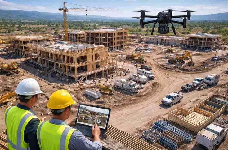 Site supervisors reviewing an active construction site with a drone overhead